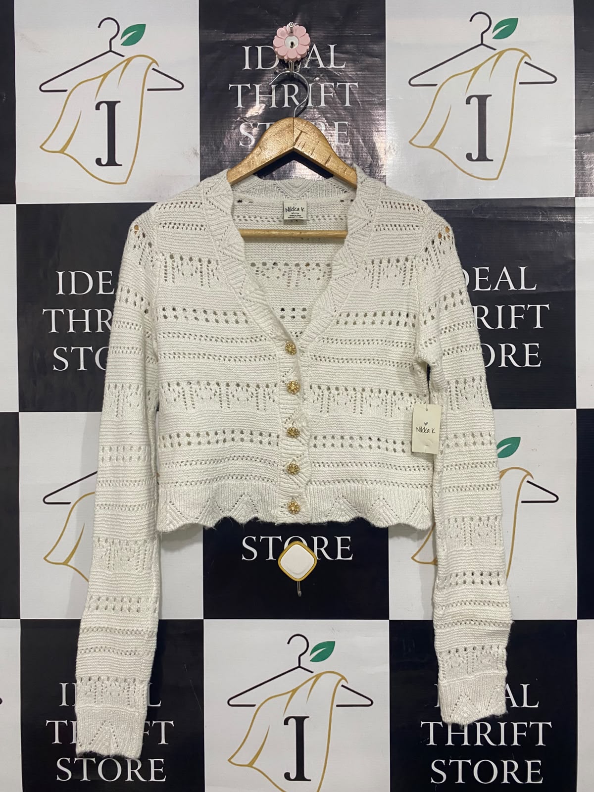 NIKKAK |XS| BUST 18 | A56| OFF-WHITE OPEN-KNIT GOLD-BUTTON TECHNICAL UTILITY CARDIGAN