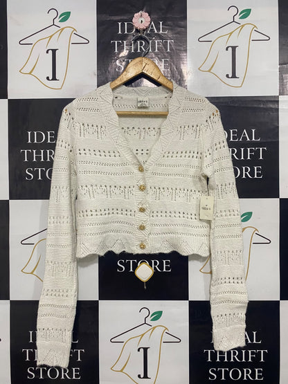 NIKKAK |XS| BUST 18 | A56| OFF-WHITE OPEN-KNIT GOLD-BUTTON TECHNICAL UTILITY CARDIGAN