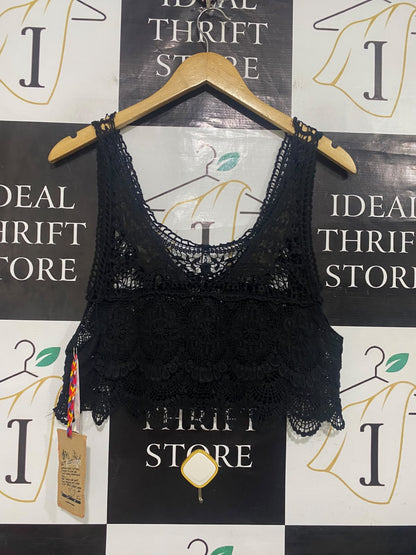 GRACE BAND |S| BUST 17| A56| BLACK CROCHET LACE CROPPED TECHNICAL UTILITY TANK TOP