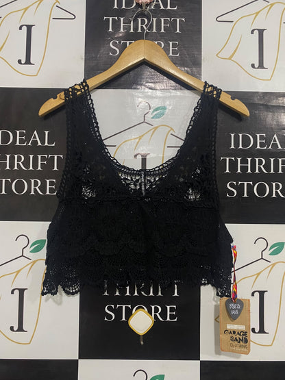 GRACE BAND |S| BUST 17| A56| BLACK CROCHET LACE CROPPED TECHNICAL UTILITY TANK TOP