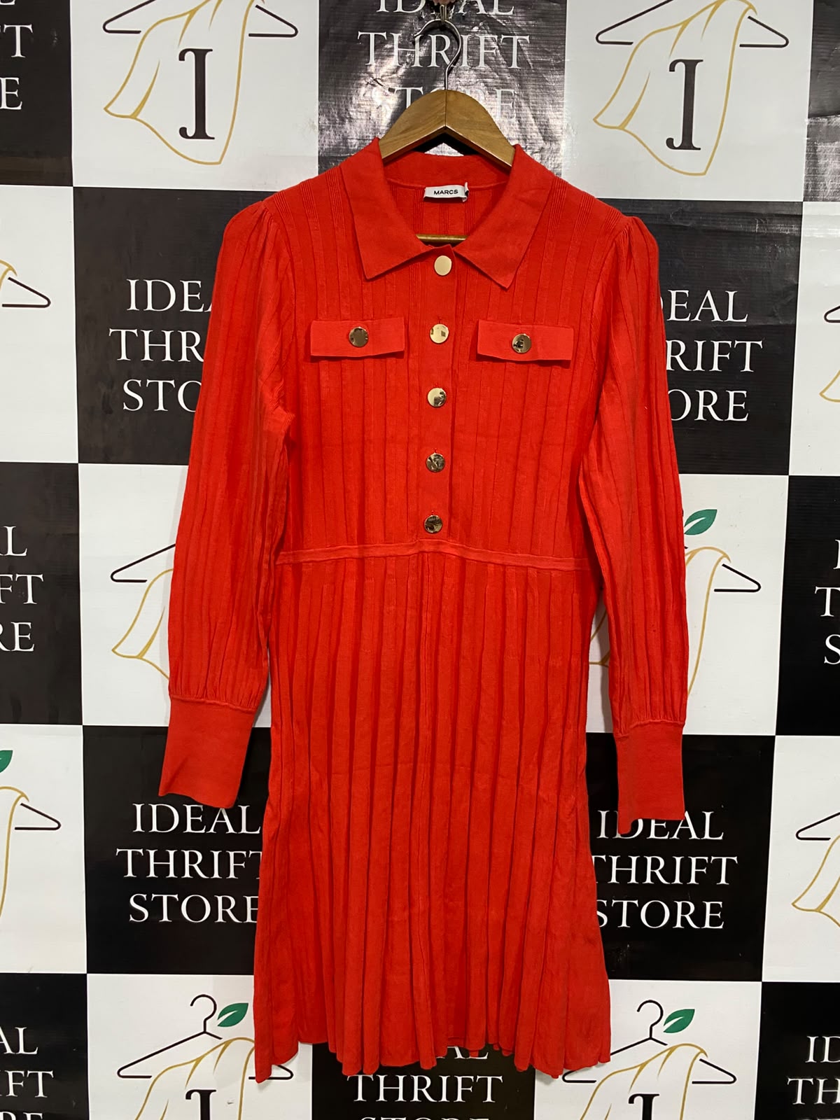 MARCS |XL| BUST 19| A56| VIBRANT RED PLEATED COLLARED TECHNICAL UTILITY DRESS