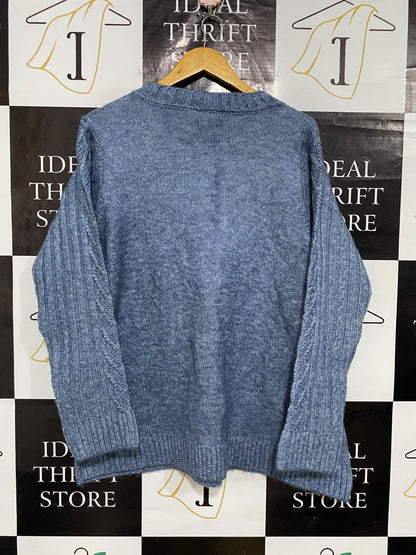 MILLERS |XL| BUST 24| A56| BLUE MELANGE CABLE-KNIT CREWNECK TECHNICAL UTILITY SWEATER