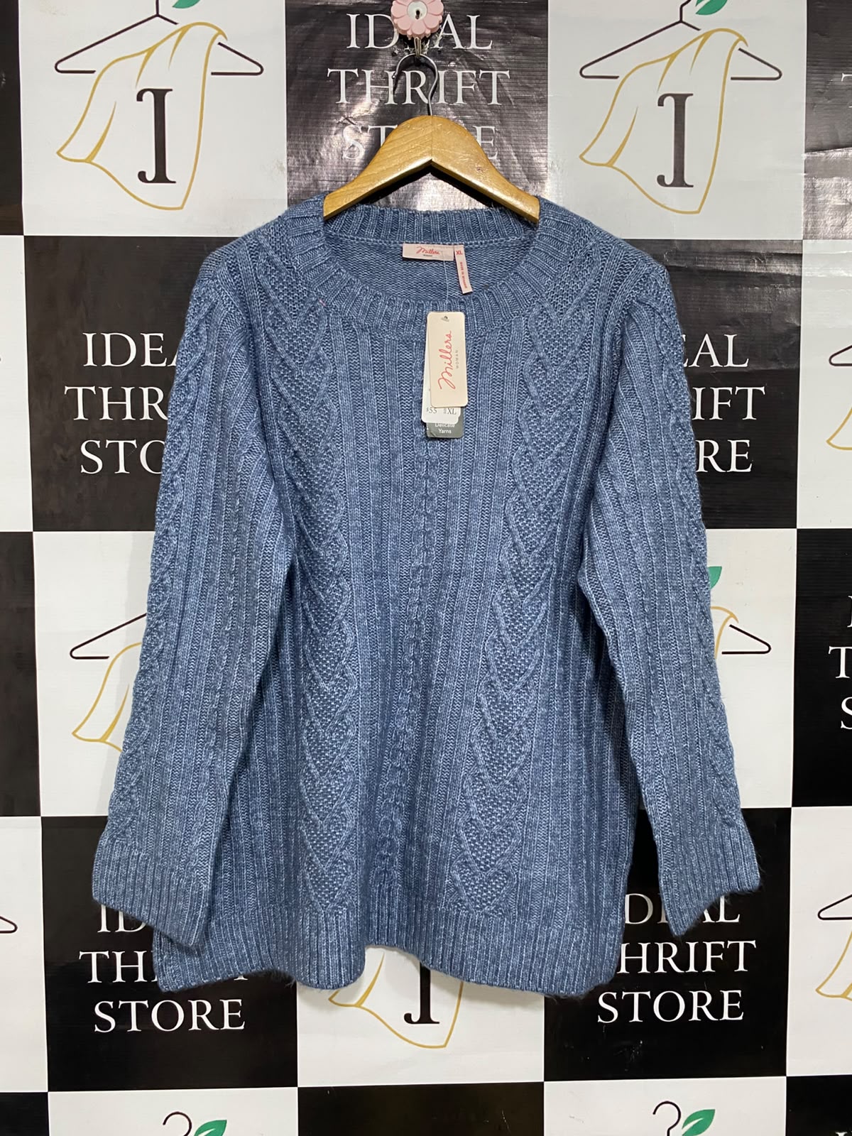MILLERS |XL| BUST 24| A56| BLUE MELANGE CABLE-KNIT CREWNECK TECHNICAL UTILITY SWEATER