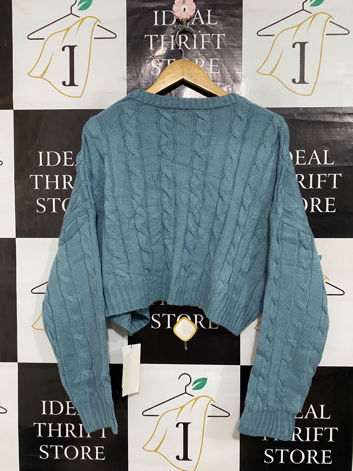 DAZY |L| BUST 28| A56| SAGE BLUE CABLE-KNIT CROPPED TECHNICAL UTILITY SWEATER