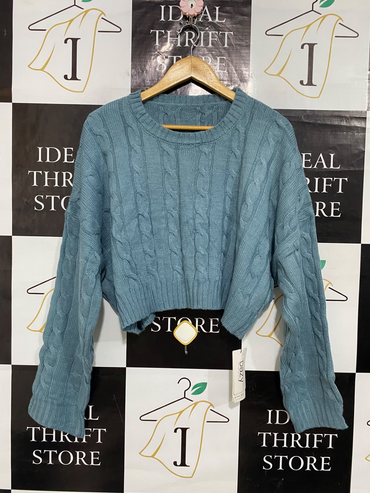 DAZY |L| BUST 28| A56| SAGE BLUE CABLE-KNIT CROPPED TECHNICAL UTILITY SWEATER