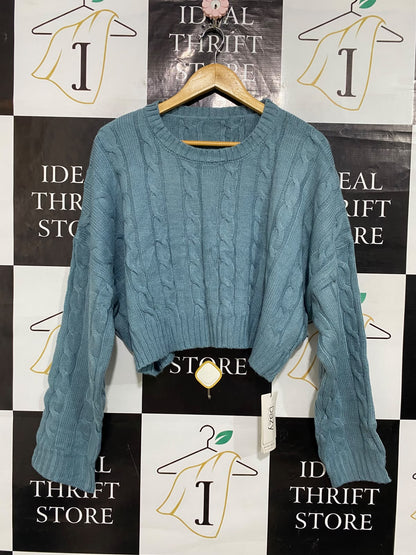 DAZY |L| BUST 28| A56| SAGE BLUE CABLE-KNIT CROPPED TECHNICAL UTILITY SWEATER