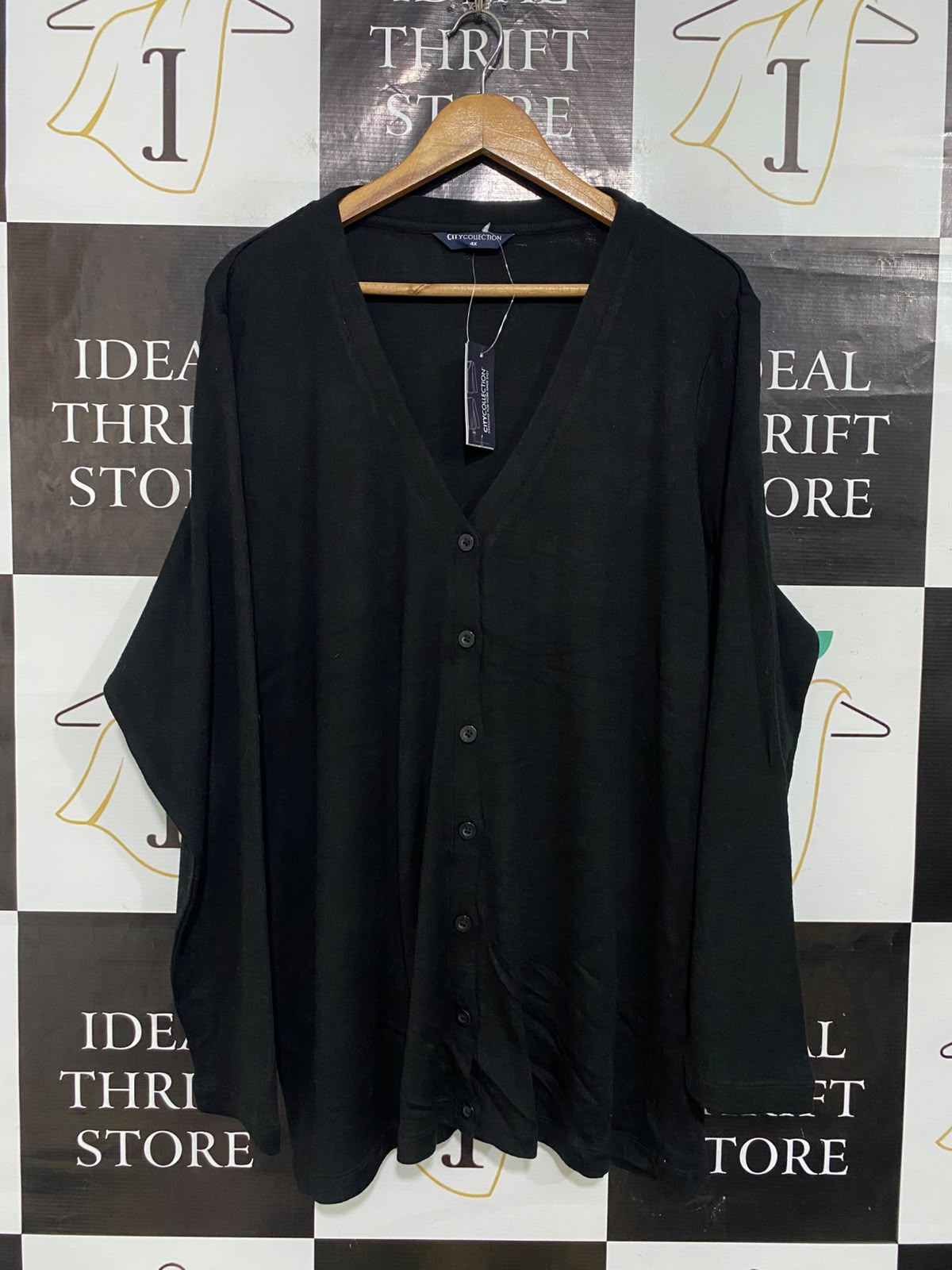 CITY COLLECTION |XL| BUST 26| A56| BLACK V-NECK BUTTON-DOWN TECHNICAL UTILITY CARDIGAN