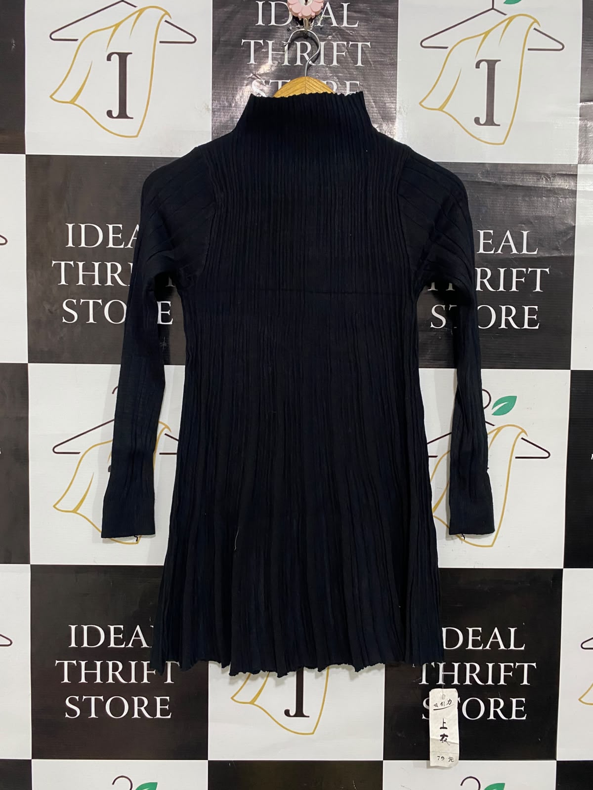 |S| BUST 14| A56| BLACK MOCK-NECK RIBBED TECHNICAL UTILITY TUNIC SWEATER