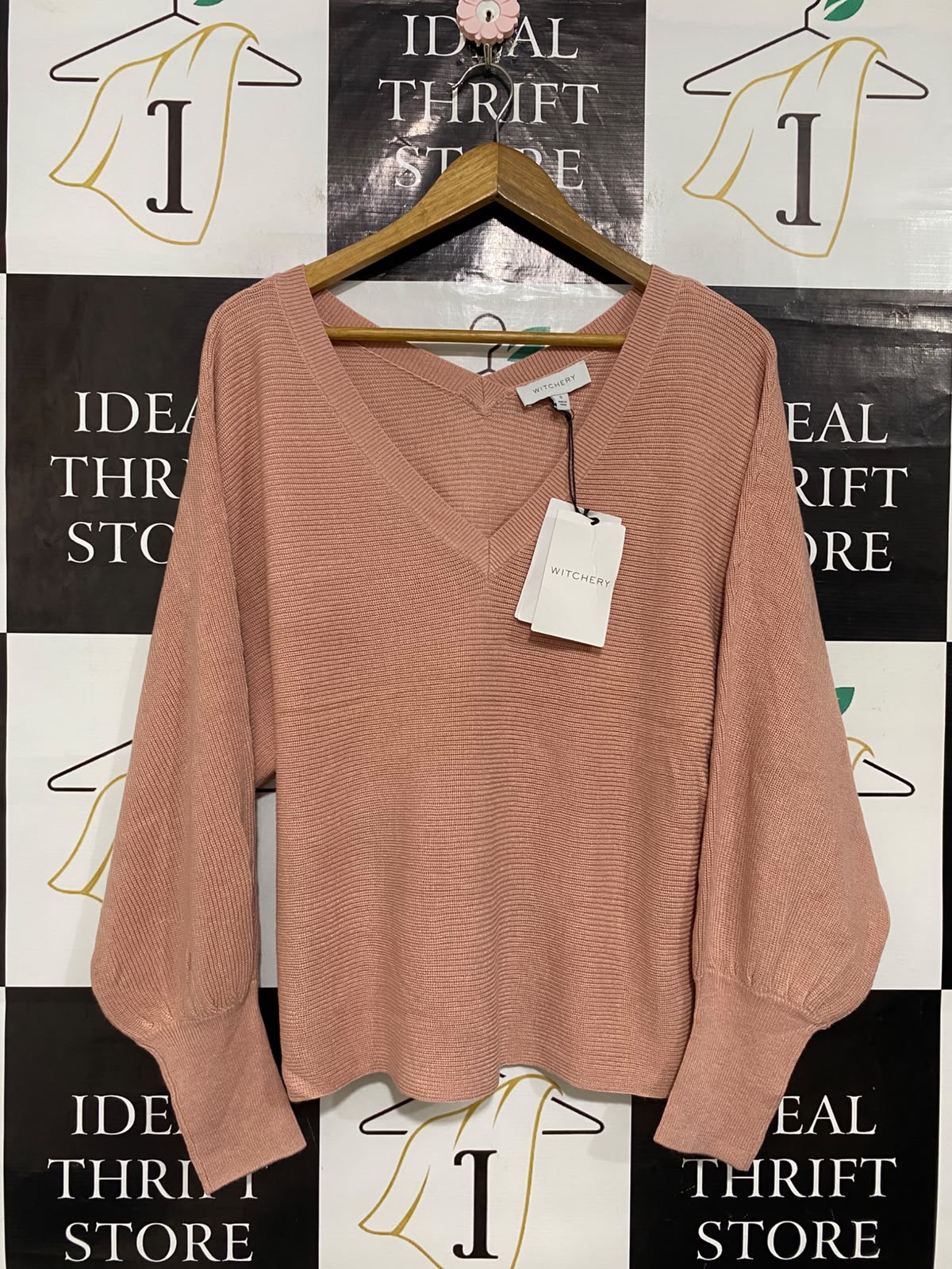 WITCHERY |S| BUST 18| A56| DUSTY PINK V-NECK BALLOON-SLEEVE TECHNICAL UTILITY SWEATER