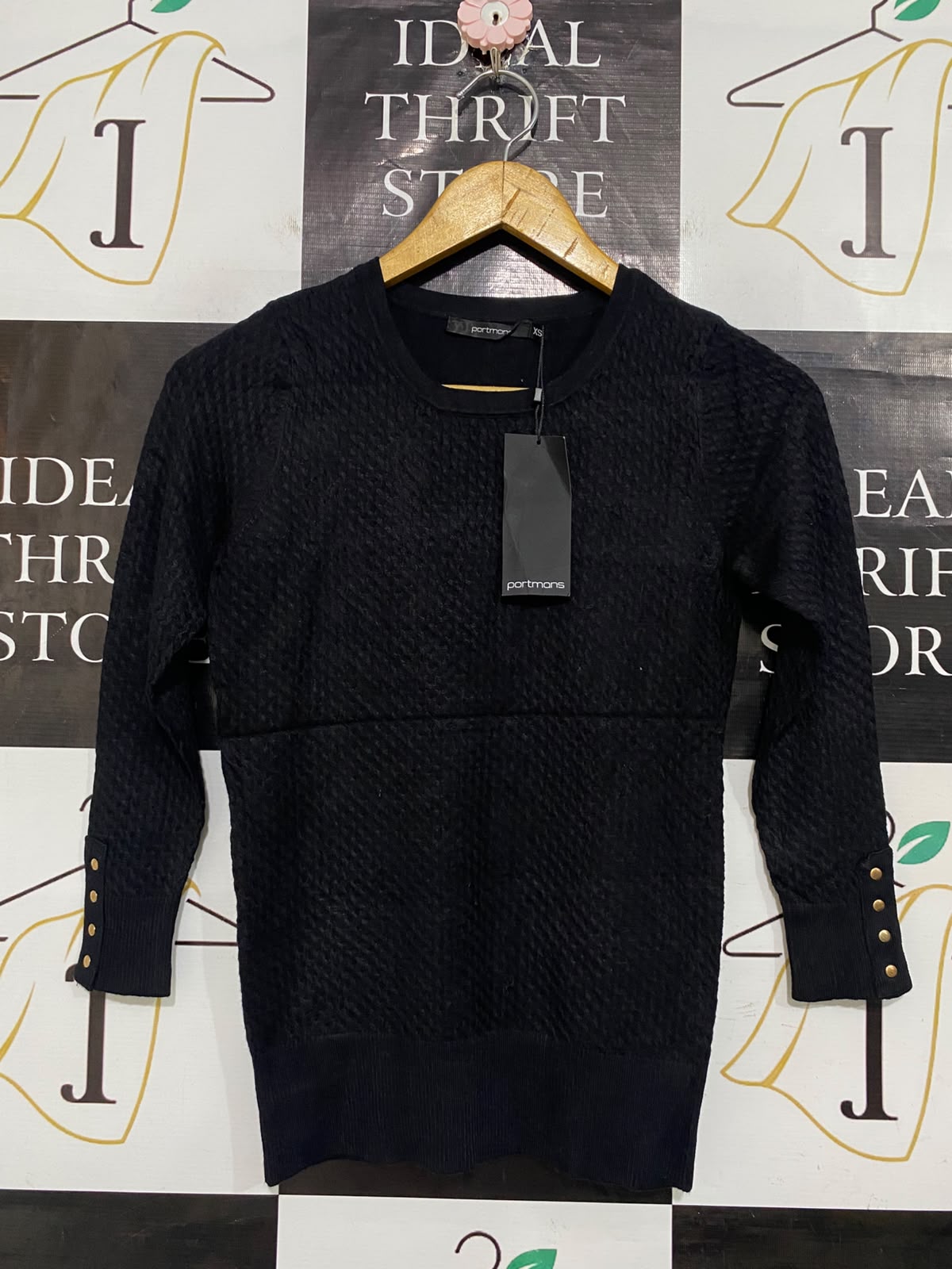 PORTMANS |XS| BUST 14| A56| BLACK TEXTURED CREWNECK BUTTON-CUFF TECHNICAL UTILITY SWEATER