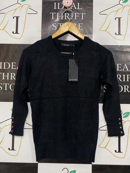 PORTMANS |XS| BUST 14| A56| BLACK TEXTURED CREWNECK BUTTON-CUFF TECHNICAL UTILITY SWEATER