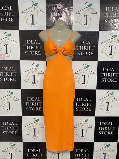 SHAREEN |S| BUST 15| A56| VIBRANT ORANGE KNOT-FRONT CUTOUT TECHNICAL UTILITY MAXI DRESS
