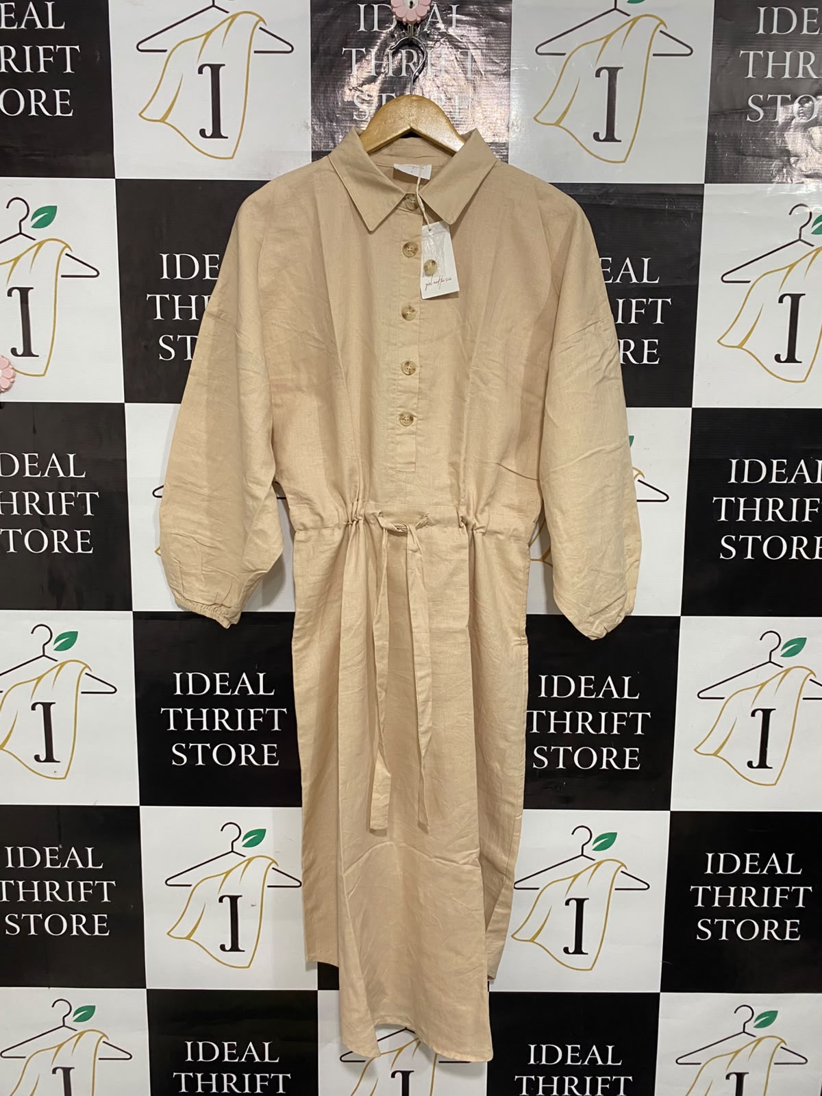 GIRL AND THE SUN |S| BUST 18| A55| BEIGE UTILITY COLLARED DRAWSTRING SHIRT DRESS