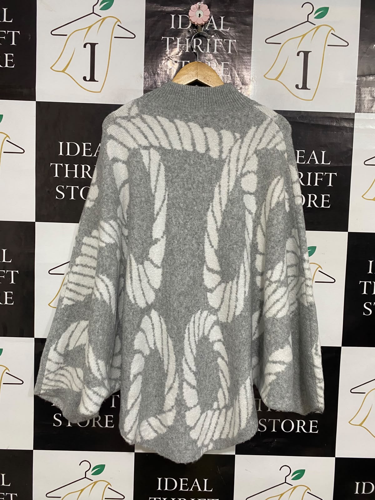 MOEWY |M| BUST FREE| A55| GREY AND WHITE ROPE-PRINT MOCK-NECK TECHNICAL UTILITY PONCHO SWEATER