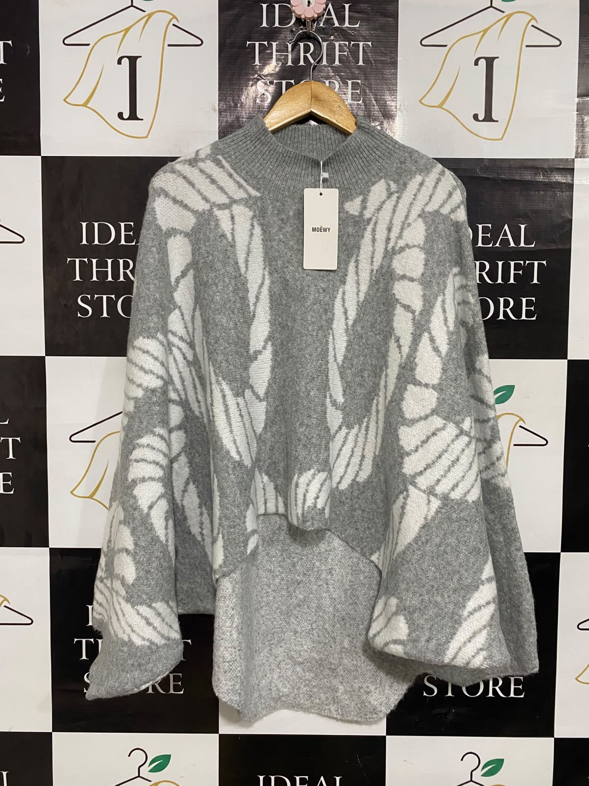 MOEWY |M| BUST FREE| A55| GREY AND WHITE ROPE-PRINT MOCK-NECK TECHNICAL UTILITY PONCHO SWEATER