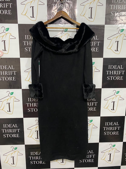 H&M |XL| BUST 19| A55| BLACK OFF-SHOULDER FAUX-FUR TRIM TECHNICAL UTILITY MIDI DRESS