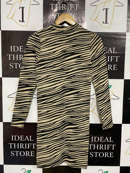 PRIMARK CARES |XS| BUST 14| A55| ZEBRA-PRINT MOCK-NECK TECHNICAL UTILITY MIDI DRESS