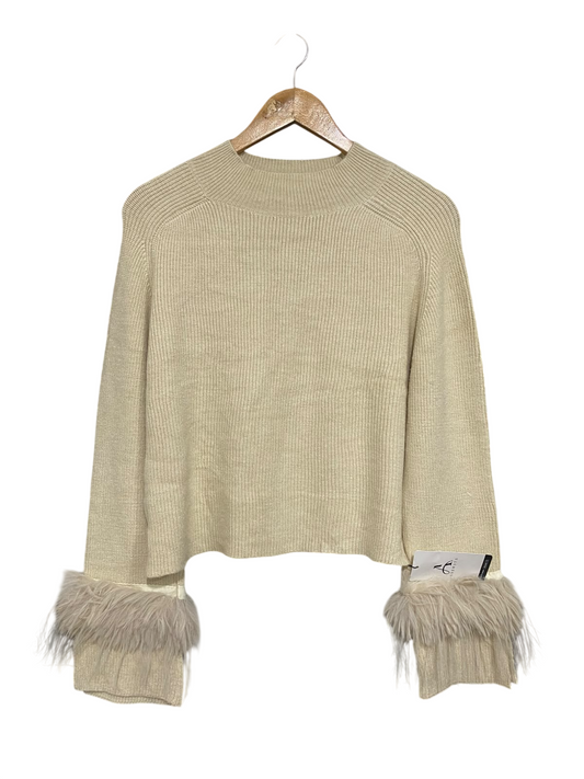 ANEWSTA |S| BUST 20| A56| BEIGE FAUX-FUR CUFF RIBBED TECHNICAL UTILITY SWEATER