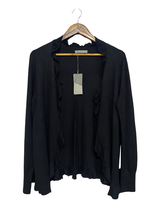 KATIES |L| BUST 20| A56| BLACK RUFFLE-TRIM OPEN-FRONT TECHNICAL UTILITY CARDIGAN