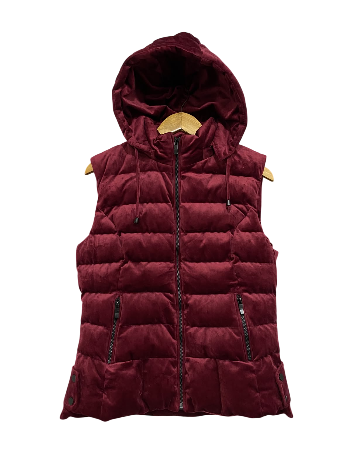 ENGINE |M| BUST 20| A56| BURGUNDY VELVET HOODED PUFFER VEST TECHNICAL UTILITY OUTERWEAR