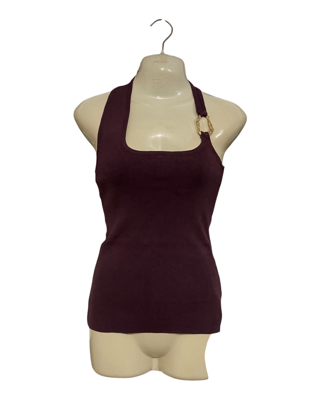 GLASSONS |S| BUST 15| A56| PLUM ASYMMETRIC METALLIC-RING RIBBED TECHNICAL UTILITY TANK TOP