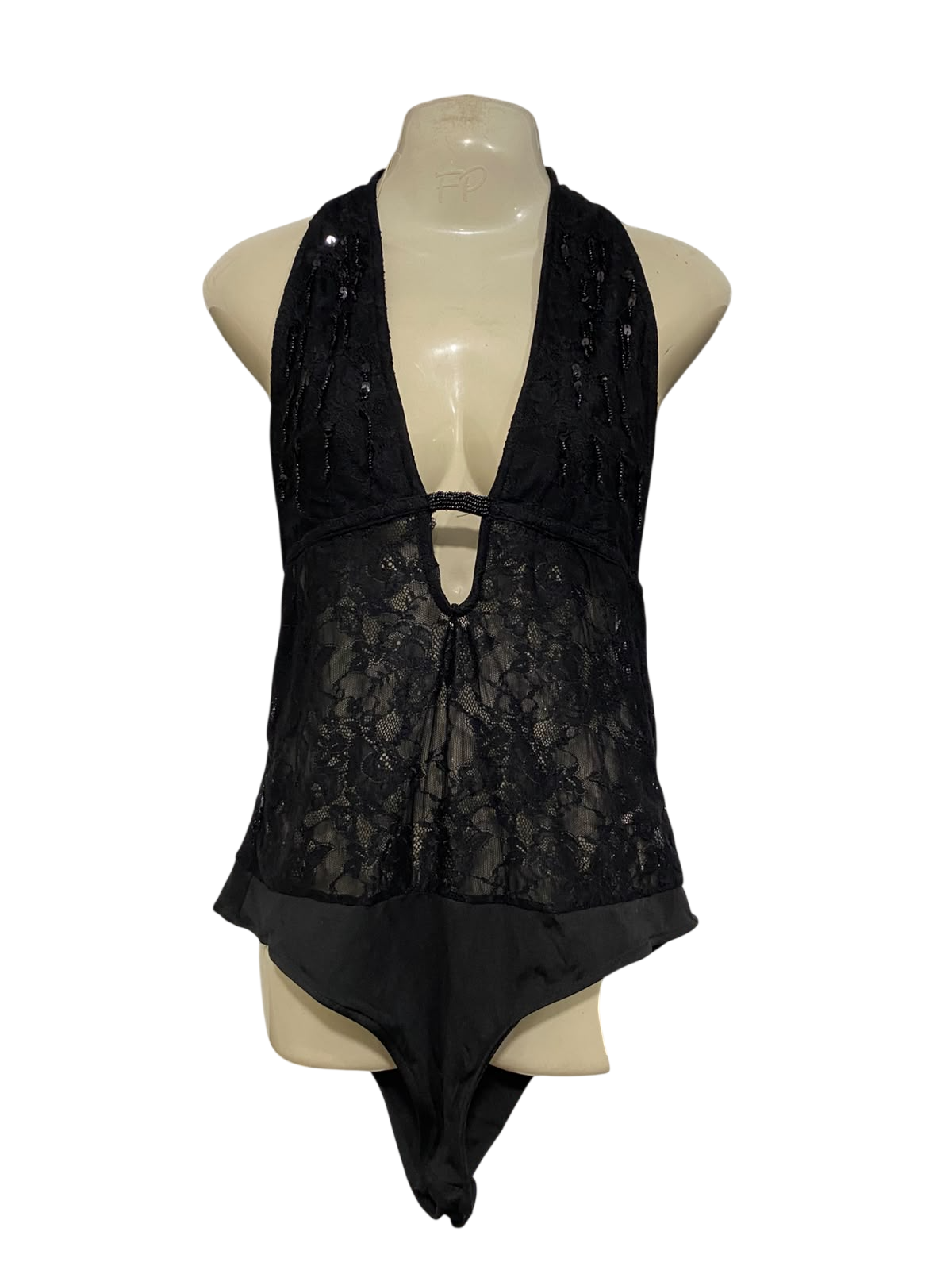 PULL & BEAR |L| BUST 14| A56| BLACK LACE AND SEQUIN HALTER TECHNICAL UTILITY BODYSUIT