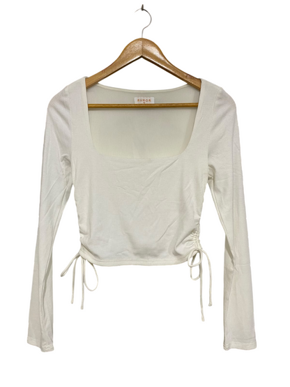 RUMOR |S| BUST 14| A56| WHITE SQUARE-NECK SIDE-RUCHED RIBBED TECHNICAL UTILITY LONG-SLEEVE TOP