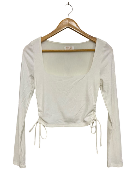 RUMOR |S| BUST 14| A56| WHITE SQUARE-NECK SIDE-RUCHED RIBBED TECHNICAL UTILITY LONG-SLEEVE TOP