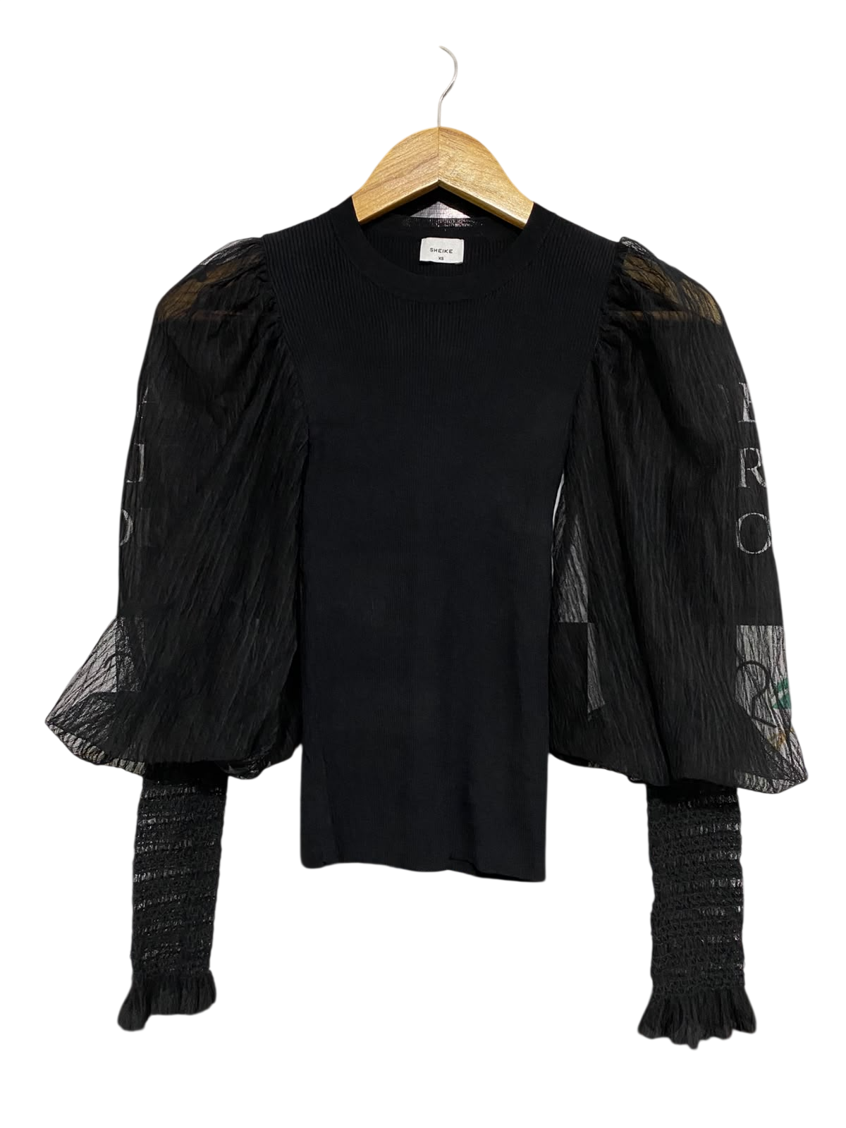 SHEIKE |XS| BUST 10| A56| BLACK PUFF-SLEEVE RIBBED TECHNICAL UTILITY TOP