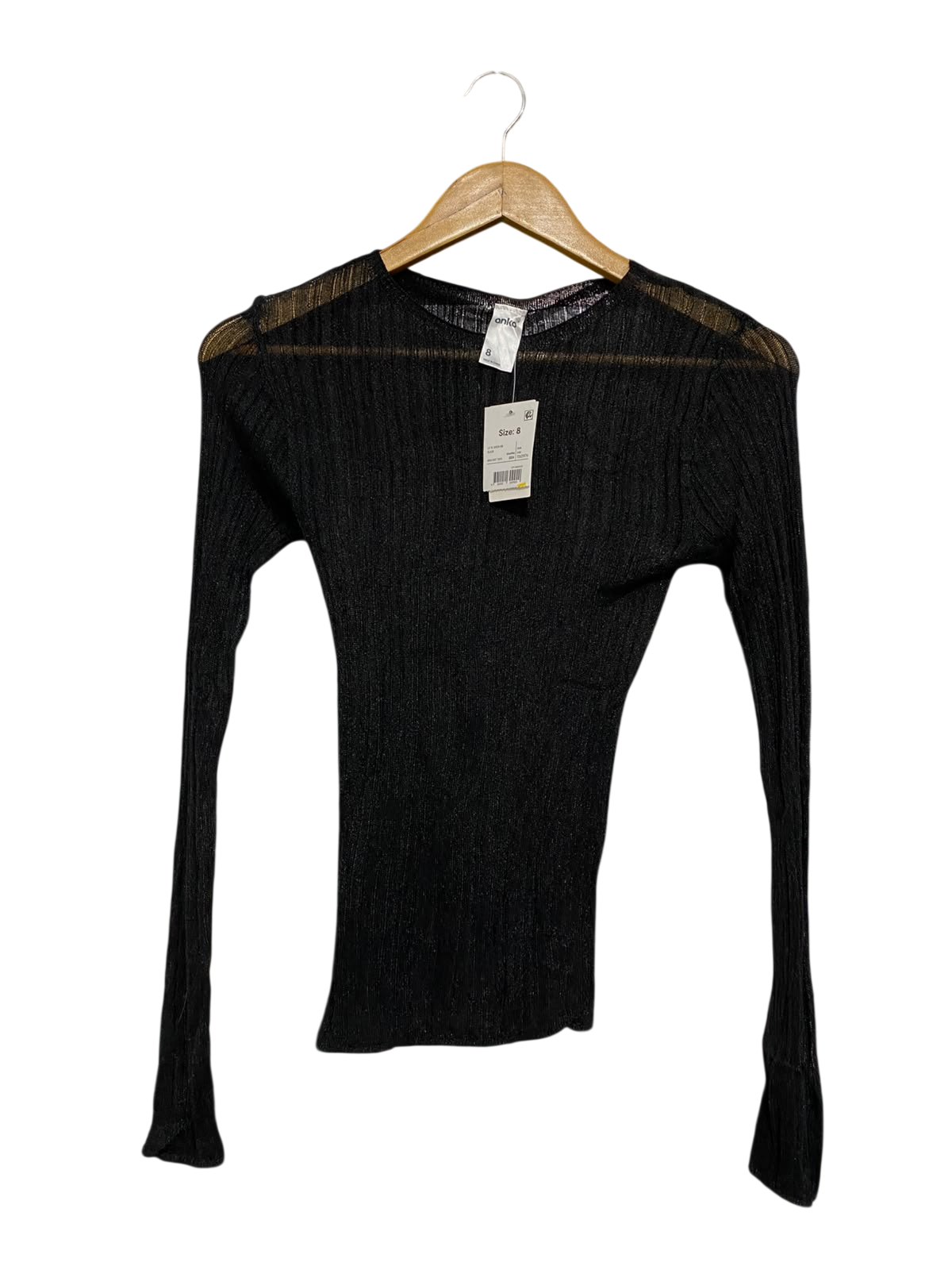 ANKO |XS| BUST 12| A56| BLACK METALLIC SHEER RIBBED TECHNICAL UTILITY LONG-SLEEVE TOP