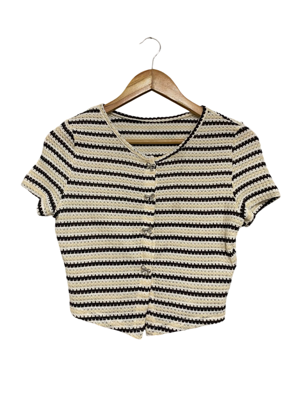 SHEIN |M| BUST 17| A56| BLACK, BEIGE, AND WHITE STRIPED BOW-BUTTON CROPPED TECHNICAL UTILITY CARDIGAN