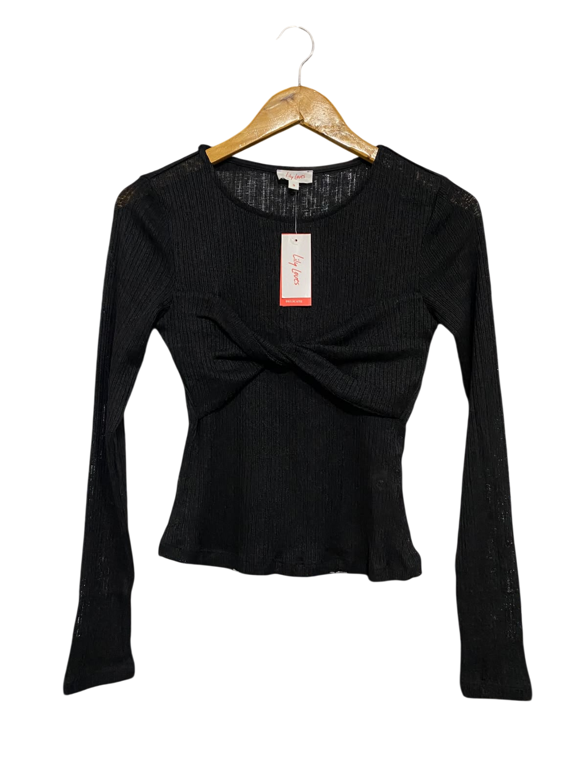 LILY LOVES |S| BUST 15| A56| BLACK TWIST-FRONT RIBBED TECHNICAL UTILITY LONG-SLEEVE TOP