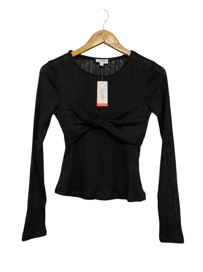 LILY LOVES |S| BUST 15| A56| BLACK TWIST-FRONT RIBBED TECHNICAL UTILITY LONG-SLEEVE TOP