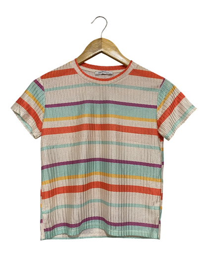 ZARA TRAFALUC |S| BUST 16| A56| MULTICOLOR STRIPED TEXTURED TECHNICAL UTILITY T-SHIRT