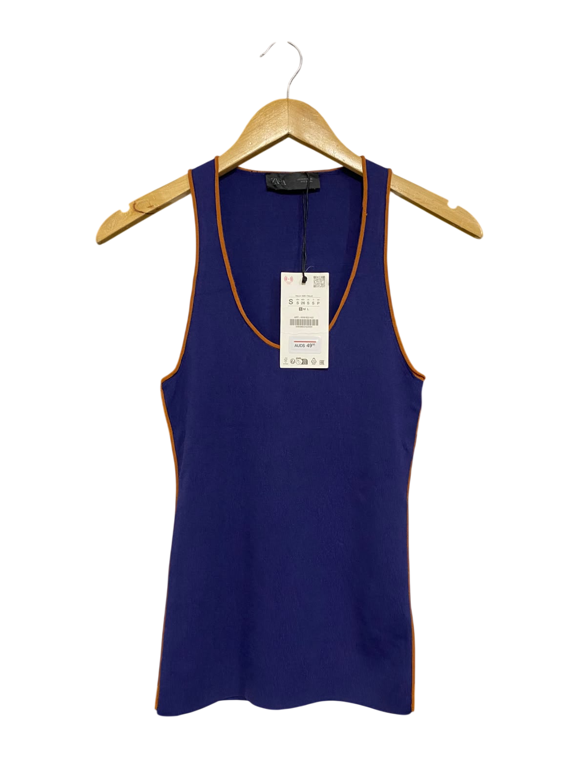 ZARA |S| BUST 13| A56| BLUE AND BROWN CONTRAST-TRIM RIBBED TECHNICAL UTILITY TANK TOP