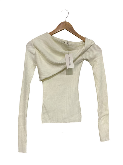 GLASSONS |XS| BUST 12| A56| WHITE ASYMMETRIC DRAPE-NECK RIBBED TECHNICAL UTILITY TOP