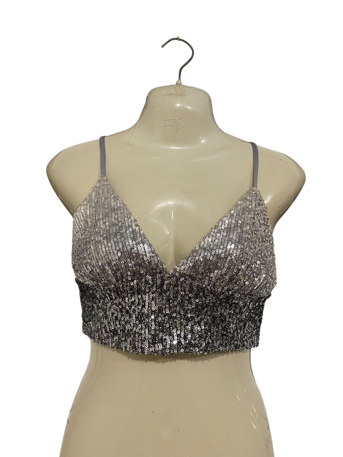 STRANDIVARIUS |S| BUST 15| A56| SILVER OMBRE SEQUIN TECHNICAL UTILITY CROP TOP