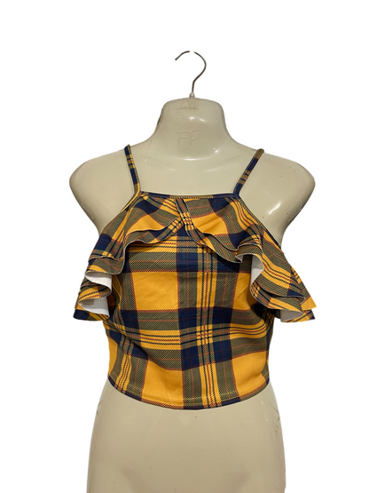 MISSI |S| BUST 14| A56| YELLOW AND NAVY PLAID RUFFLE-OFF-SHOULDER TECHNICAL UTILITY CROP TOP