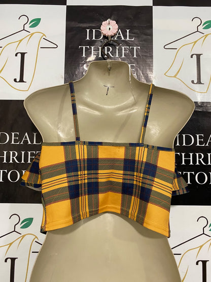 MISSI |S| BUST 14| A56| YELLOW AND NAVY PLAID RUFFLE-OFF-SHOULDER TECHNICAL UTILITY CROP TOP