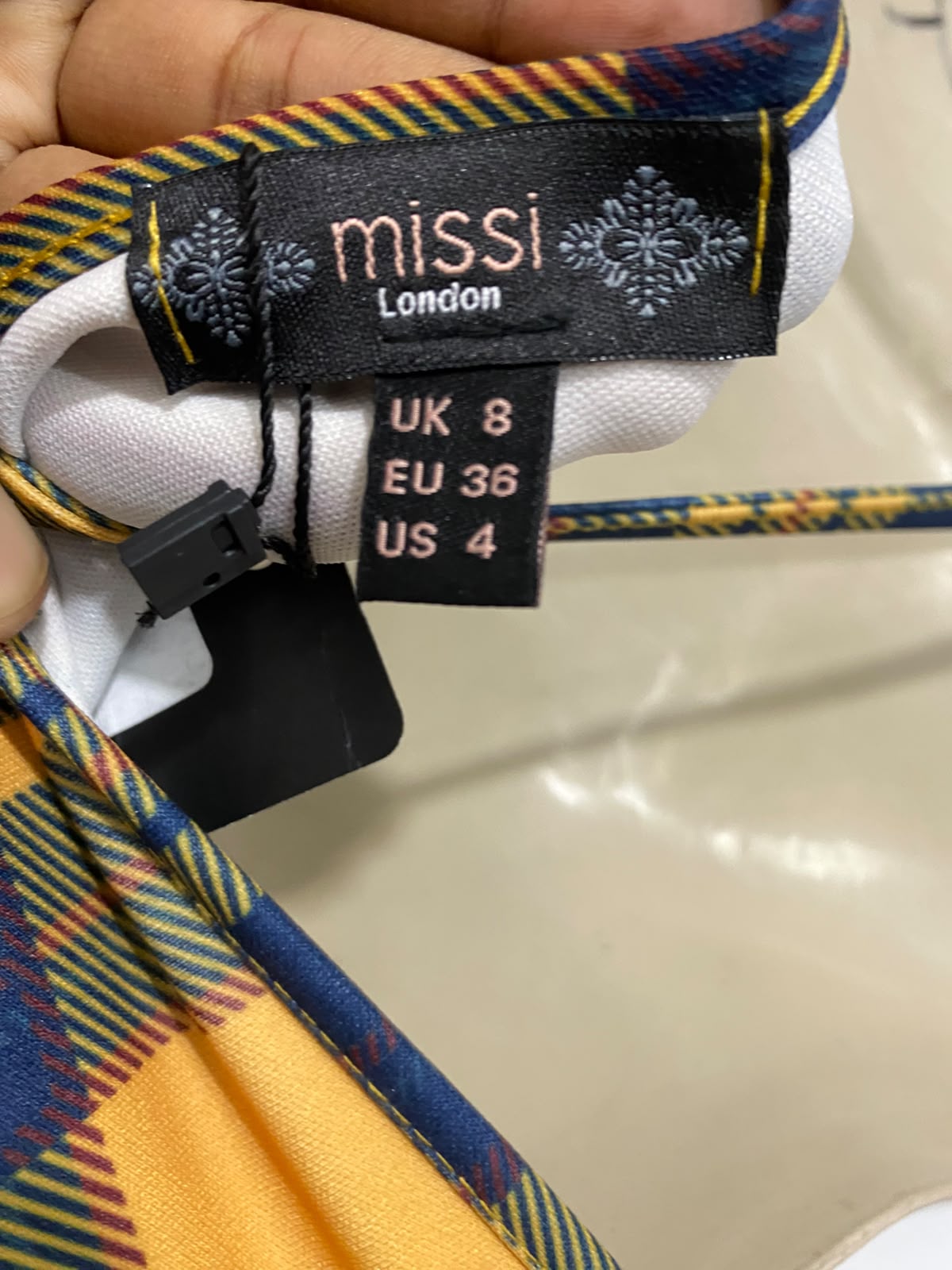 MISSI |S| BUST 14| A56| YELLOW AND NAVY PLAID RUFFLE-OFF-SHOULDER TECHNICAL UTILITY CROP TOP