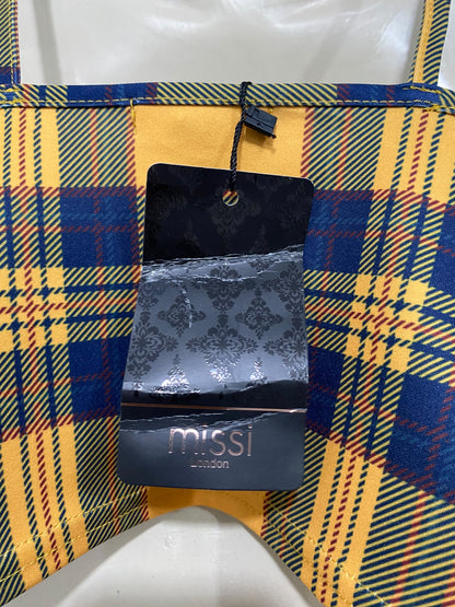 MISSI |S| BUST 14| A56| YELLOW AND NAVY PLAID RUFFLE-OFF-SHOULDER TECHNICAL UTILITY CROP TOP