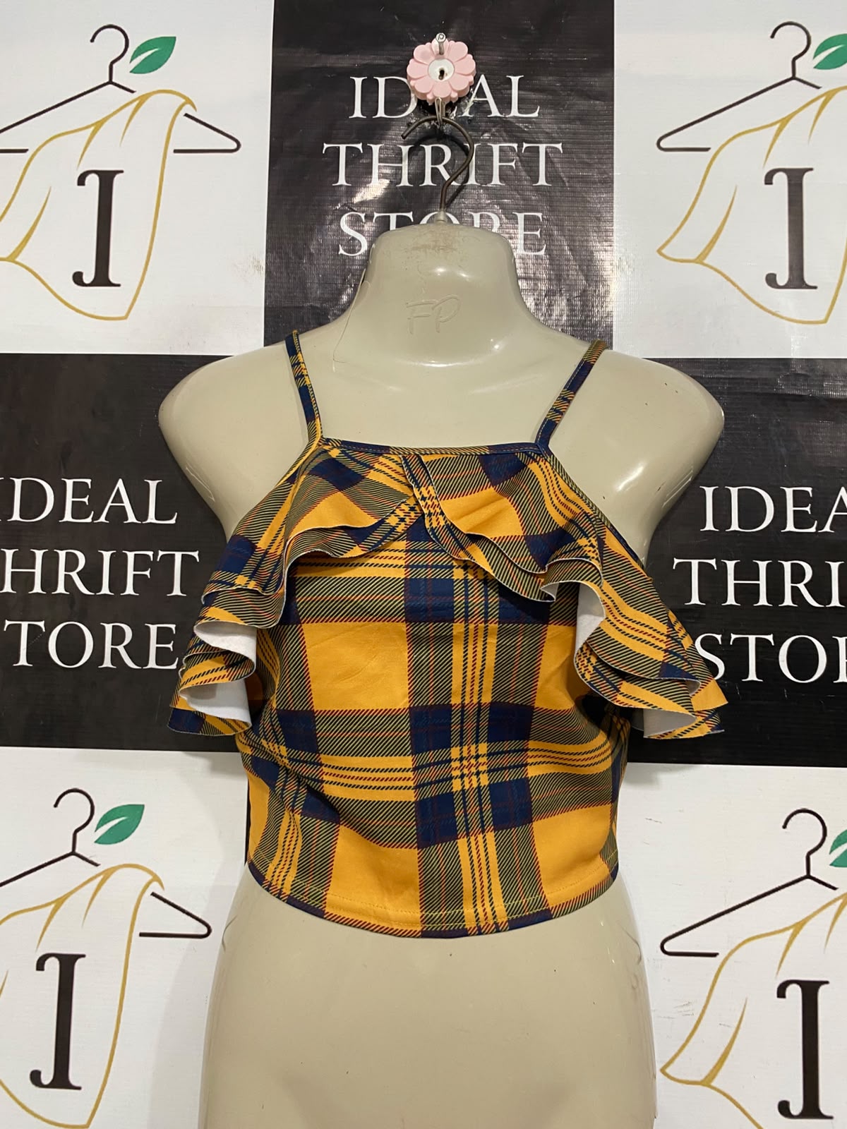 MISSI |S| BUST 14| A56| YELLOW AND NAVY PLAID RUFFLE-OFF-SHOULDER TECHNICAL UTILITY CROP TOP