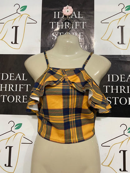 MISSI |S| BUST 14| A56| YELLOW AND NAVY PLAID RUFFLE-OFF-SHOULDER TECHNICAL UTILITY CROP TOP