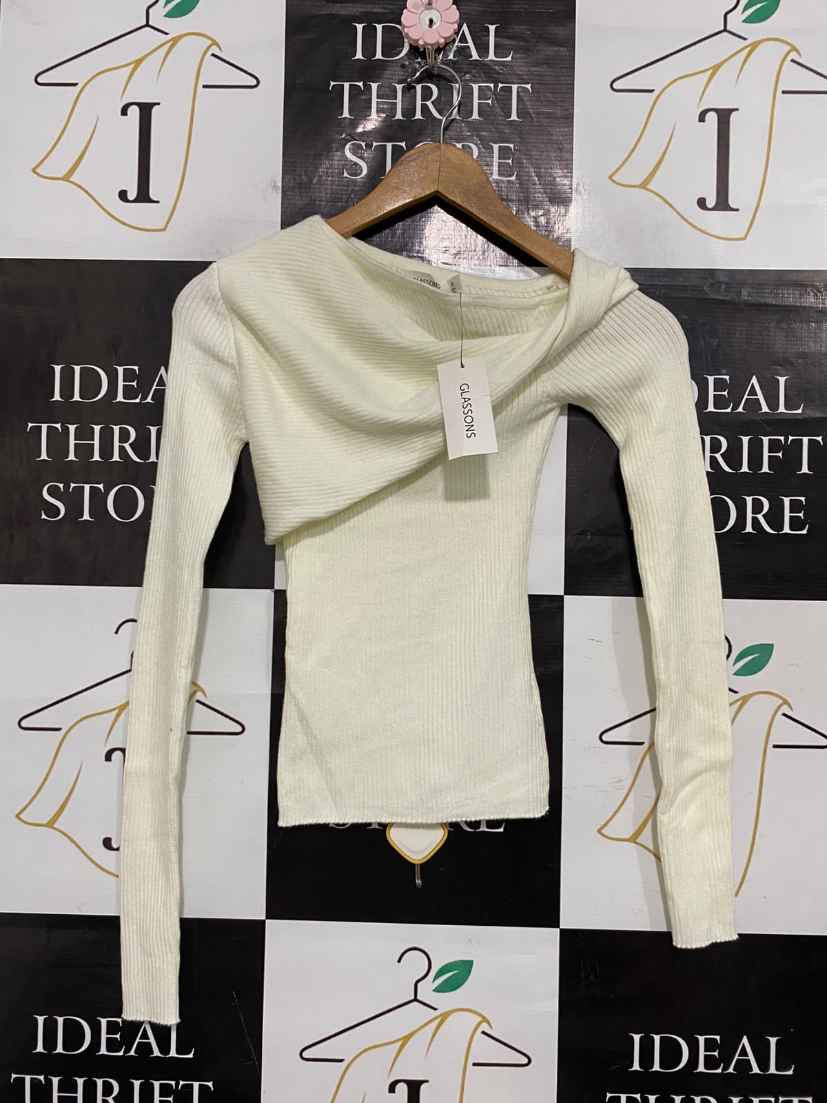 GLASSONS |XS| BUST 12| A56| WHITE ASYMMETRIC DRAPE-NECK RIBBED TECHNICAL UTILITY TOP