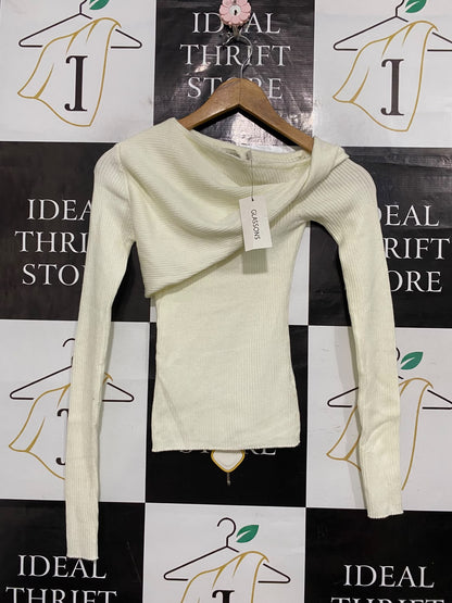 GLASSONS |XS| BUST 12| A56| WHITE ASYMMETRIC DRAPE-NECK RIBBED TECHNICAL UTILITY TOP
