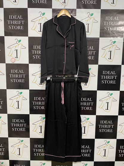PRIMARK CARES |S| A56| BLACK AND PINK SATIN CONTRAST-TRIM TECHNICAL UTILITY LOUNGE SET