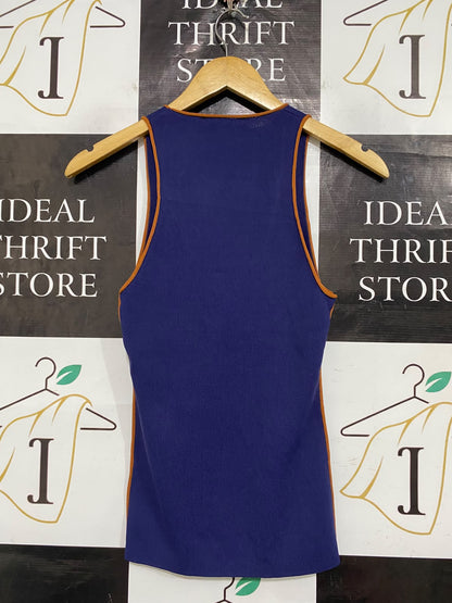 ZARA |S| BUST 13| A56| BLUE AND BROWN CONTRAST-TRIM RIBBED TECHNICAL UTILITY TANK TOP