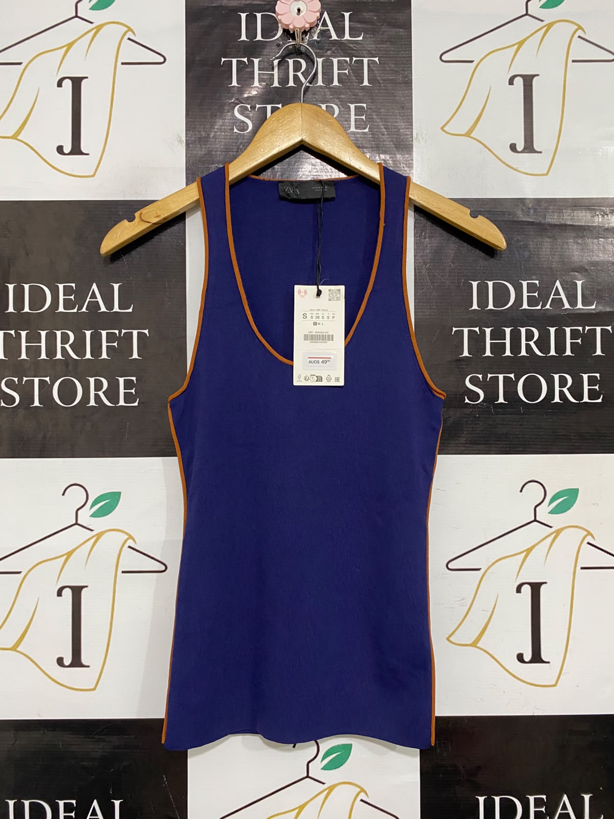 ZARA |S| BUST 13| A56| BLUE AND BROWN CONTRAST-TRIM RIBBED TECHNICAL UTILITY TANK TOP