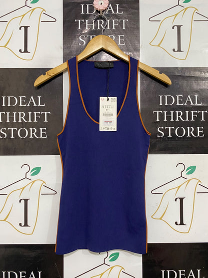 ZARA |S| BUST 13| A56| BLUE AND BROWN CONTRAST-TRIM RIBBED TECHNICAL UTILITY TANK TOP
