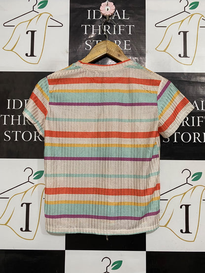 ZARA TRAFALUC |S| BUST 16| A56| MULTICOLOR STRIPED TEXTURED TECHNICAL UTILITY T-SHIRT